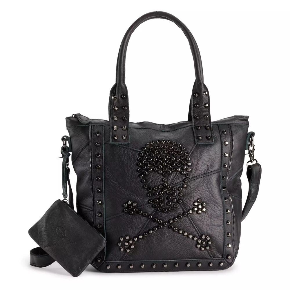 Amerileather Skull Crossbones Studded Black Leather Satchel Tote HandBag 17"x14"
